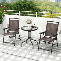 3 Piece Folding Patio Bistro Set, 2 Brown Sling Chairs Rated 330 lb and a 24 in Round Rippled Glass Table