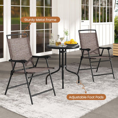 3 Piece Folding Patio Bistro Set, 2 Brown Sling Chairs Rated 330 lb and a 24 in Round Rippled Glass Table