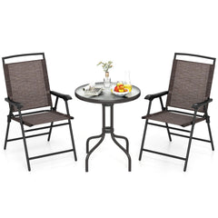 3 Piece Folding Patio Bistro Set, 2 Brown Sling Chairs Rated 330 lb and a 24 in Round Rippled Glass Table