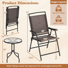 3 Piece Folding Patio Bistro Set, 2 Brown Sling Chairs Rated 330 lb and a 24 in Round Rippled Glass Table