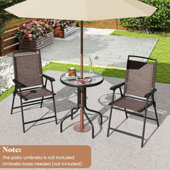 3 Piece Folding Patio Bistro Set, 2 Brown Sling Chairs Rated 330 lb and a 24 in Round Rippled Glass Table