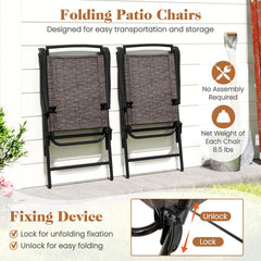 3 Piece Folding Patio Bistro Set, 2 Brown Sling Chairs Rated 330 lb and a 24 in Round Rippled Glass Table