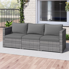 3 Piece Modular Patio Sectional Sofa Set, Grey PE Rattan Left Arm, Right Arm and Armless Seats, 76 Inch