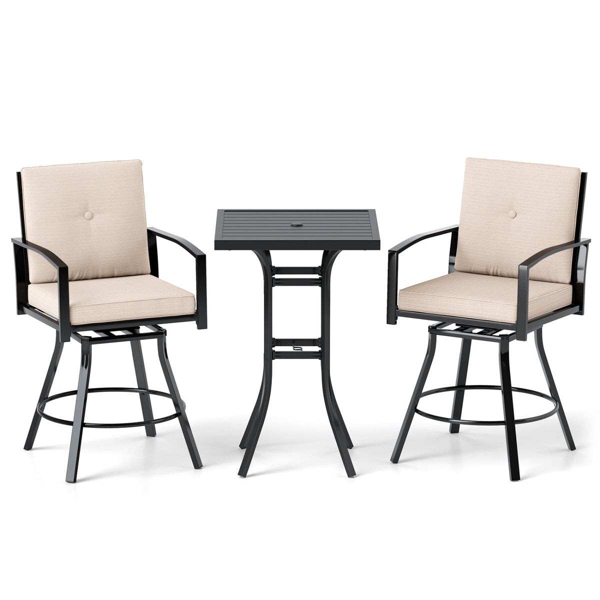 3 Pieces Patio Swivel Bar Set with Soft Cushions and Umbrella Hole-Beige