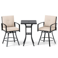3 Pieces Patio Swivel Bar Set with Soft Cushions and Umbrella Hole-Beige