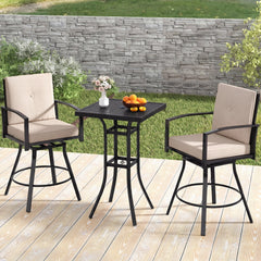 3 Pieces Patio Swivel Bar Set with Soft Cushions and Umbrella Hole-Beige