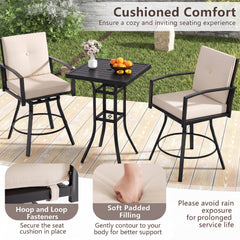 3 Pieces Patio Swivel Bar Set with Soft Cushions and Umbrella Hole-Beige