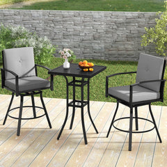 3 Pieces Patio Swivel Bar Set with Soft Cushions and Umbrella Hole-Gray