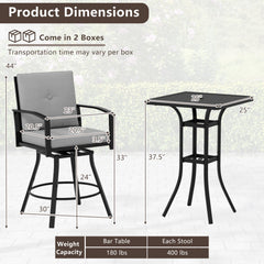 3 Pieces Patio Swivel Bar Set with Soft Cushions and Umbrella Hole-Gray