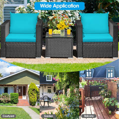 3 Piece Patio Rattan Sofa Set, 2 Black Wicker Sofas Rated 400 lb with Turquoise Cushions and 20 in Tempered Glass Coffee Table