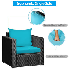 3 Piece Patio Rattan Sofa Set, 2 Black Wicker Sofas Rated 400 lb with Turquoise Cushions and 20 in Tempered Glass Coffee Table