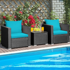 3 Piece Patio Rattan Sofa Set, 2 Black Wicker Sofas Rated 400 lb with Turquoise Cushions and 20 in Tempered Glass Coffee Table