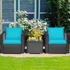 3 Piece Patio Rattan Sofa Set, 2 Black Wicker Sofas Rated 400 lb with Turquoise Cushions and 20 in Tempered Glass Coffee Table