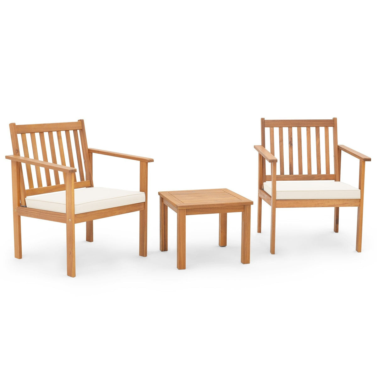 3 Piece Acacia Wood Patio Set, 2 Slatted Armchairs Rated 400 lb with Off White Tied Cushions and a 17.5 in Slatted Coffee Table