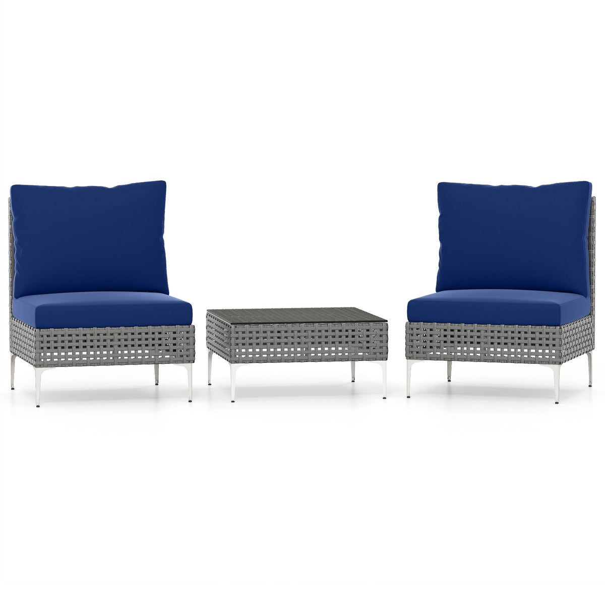3 Piece Armless Patio Rattan Set, 2 Chairs Rated 400 lb with Navy Back and Seat Cushions and 26 in Tempered Glass Coffee Table