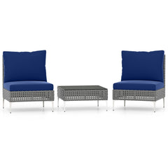 3 Piece Armless Patio Rattan Set, 2 Chairs Rated 400 lb with Navy Back and Seat Cushions and 26 in Tempered Glass Coffee Table