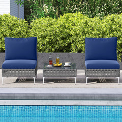 3 Piece Armless Patio Rattan Set, 2 Chairs Rated 400 lb with Navy Back and Seat Cushions and 26 in Tempered Glass Coffee Table