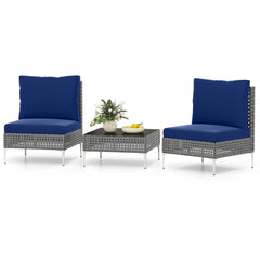 3 Piece Armless Patio Rattan Set, 2 Chairs Rated 400 lb with Navy Back and Seat Cushions and 26 in Tempered Glass Coffee Table