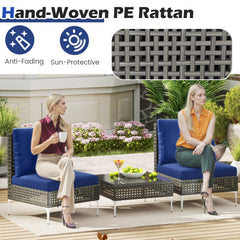 3 Piece Armless Patio Rattan Set, 2 Chairs Rated 400 lb with Navy Back and Seat Cushions and 26 in Tempered Glass Coffee Table