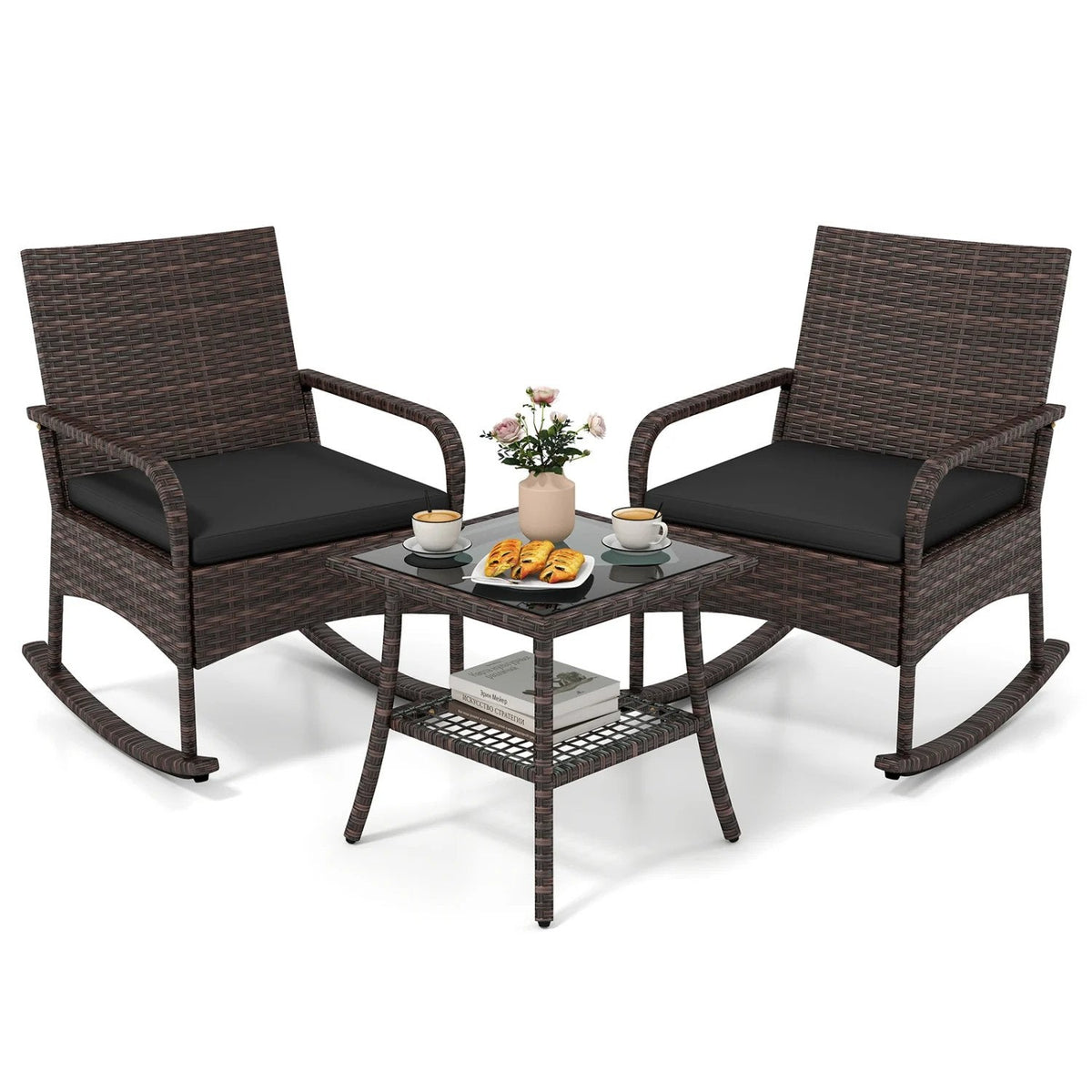 3 Piece PE Wicker Rocking Bistro Set, 2 Rocking Armchairs Rated 400 lb with Black Cushions and 2 Tier Glass Top Side Table