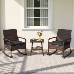 3 Piece PE Wicker Rocking Bistro Set, 2 Rocking Armchairs Rated 400 lb with Black Cushions and 2 Tier Glass Top Side Table