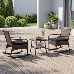 3 Piece PE Wicker Rocking Bistro Set, 2 Rocking Armchairs Rated 400 lb with Black Cushions and 2 Tier Glass Top Side Table