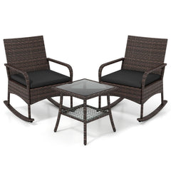 3 Piece PE Wicker Rocking Bistro Set, 2 Rocking Armchairs Rated 400 lb with Black Cushions and 2 Tier Glass Top Side Table
