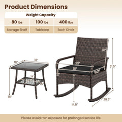 3 Piece PE Wicker Rocking Bistro Set, 2 Rocking Armchairs Rated 400 lb with Black Cushions and 2 Tier Glass Top Side Table