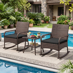 3 Piece PE Wicker Rocking Bistro Set, 2 Rocking Armchairs Rated 400 lb with Black Cushions and 2 Tier Glass Top Side Table