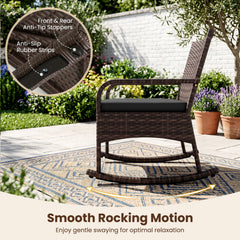 3 Piece PE Wicker Rocking Bistro Set, 2 Rocking Armchairs Rated 400 lb with Black Cushions and 2 Tier Glass Top Side Table