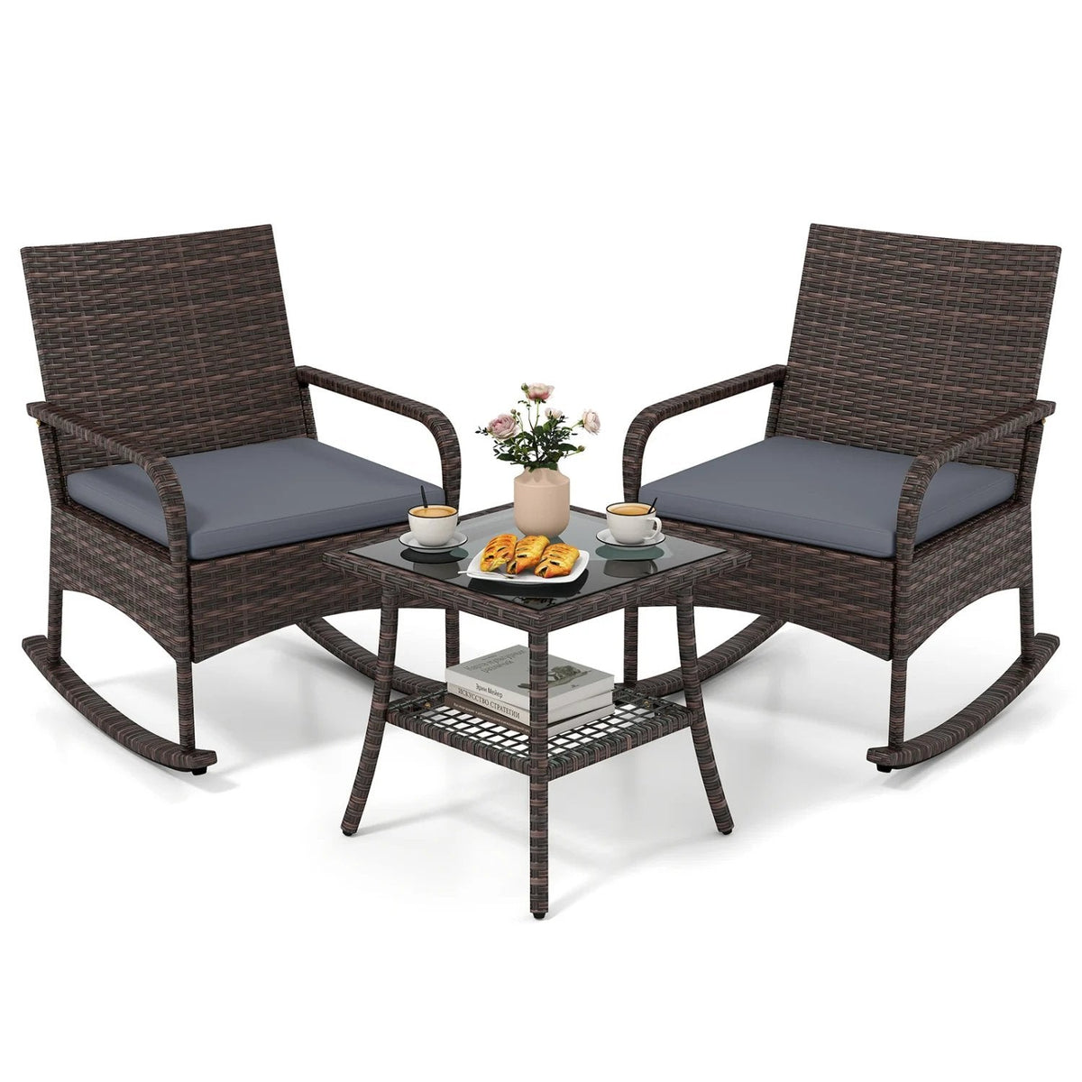 3 Piece PE Wicker Rocking Bistro Set, 2 Rocking Armchairs Rated 400 lb with Grey Cushions and 2 Tier Glass Top Side Table