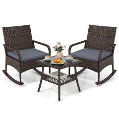 3 Piece PE Wicker Rocking Bistro Set, 2 Rocking Armchairs Rated 400 lb with Grey Cushions and 2 Tier Glass Top Side Table
