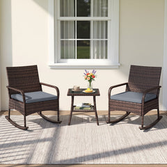 3 Piece PE Wicker Rocking Bistro Set, 2 Rocking Armchairs Rated 400 lb with Grey Cushions and 2 Tier Glass Top Side Table