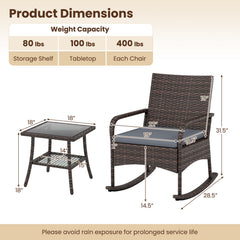 3 Piece PE Wicker Rocking Bistro Set, 2 Rocking Armchairs Rated 400 lb with Grey Cushions and 2 Tier Glass Top Side Table
