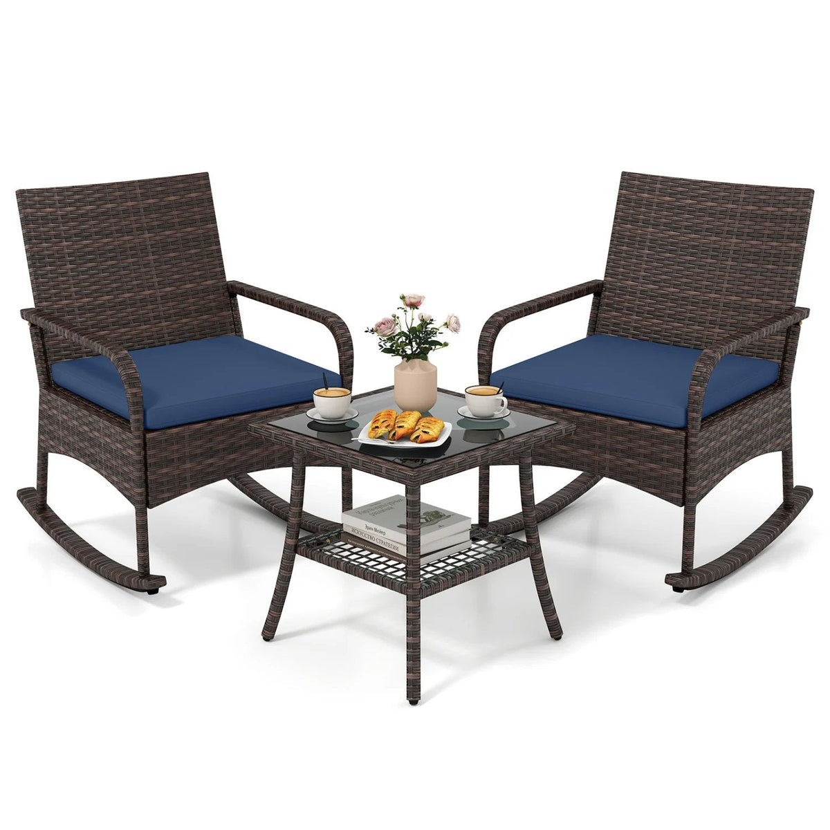 3 Piece PE Wicker Rocking Bistro Set, 2 Rocking Armchairs Rated 400 lb with Navy Cushions and 2 Tier Glass Top Side Table