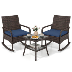 3 Piece PE Wicker Rocking Bistro Set, 2 Rocking Armchairs Rated 400 lb with Navy Cushions and 2 Tier Glass Top Side Table