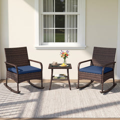 3 Piece PE Wicker Rocking Bistro Set, 2 Rocking Armchairs Rated 400 lb with Navy Cushions and 2 Tier Glass Top Side Table