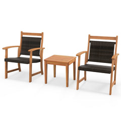 3 Piece Acacia Wood Bistro Set, 2 Armchairs with Brown Wicker Seats and Backs and a Square Acacia Side Table