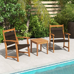 3 Piece Acacia Wood Bistro Set, 2 Armchairs with Brown Wicker Seats and Backs and a Square Acacia Side Table