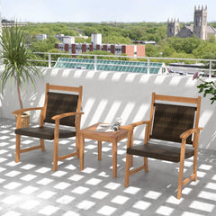 3 Piece Acacia Wood Bistro Set, 2 Armchairs with Brown Wicker Seats and Backs and a Square Acacia Side Table