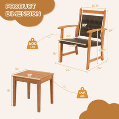 3 Piece Acacia Wood Bistro Set, 2 Armchairs with Brown Wicker Seats and Backs and a Square Acacia Side Table