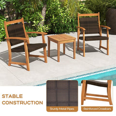 3 Piece Acacia Wood Bistro Set, 2 Armchairs with Brown Wicker Seats and Backs and a Square Acacia Side Table