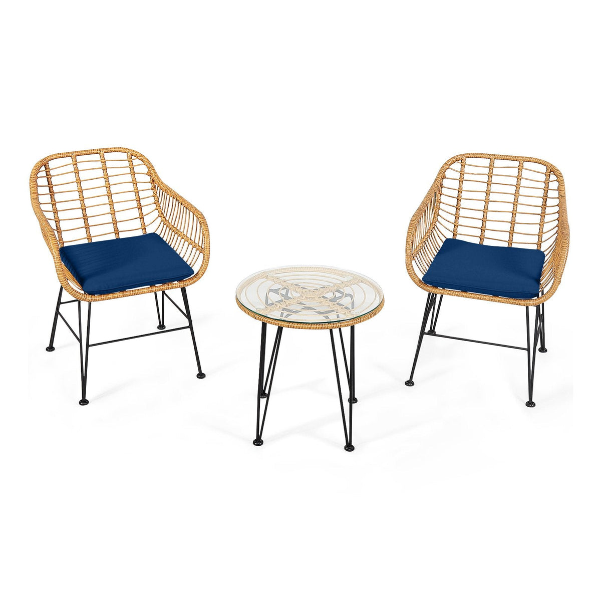 3 Piece Patio Rattan Bistro Set, 2 Open Weave Tub Chairs Rated 400 lb with Navy Cushions and a 19.5 in Round Glass Table