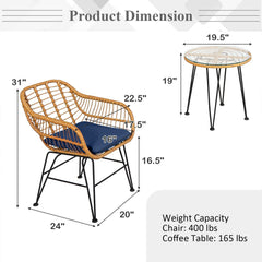 3 Piece Patio Rattan Bistro Set, 2 Open Weave Tub Chairs Rated 400 lb with Navy Cushions and a 19.5 in Round Glass Table