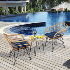 3 Piece Patio Rattan Bistro Set, 2 Open Weave Tub Chairs Rated 400 lb with Navy Cushions and a 19.5 in Round Glass Table