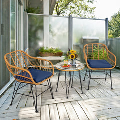 3 Piece Patio Rattan Bistro Set, 2 Open Weave Tub Chairs Rated 400 lb with Navy Cushions and a 19.5 in Round Glass Table