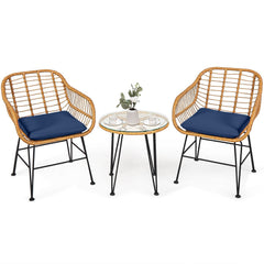 3 Piece Patio Rattan Bistro Set, 2 Open Weave Tub Chairs Rated 400 lb with Navy Cushions and a 19.5 in Round Glass Table