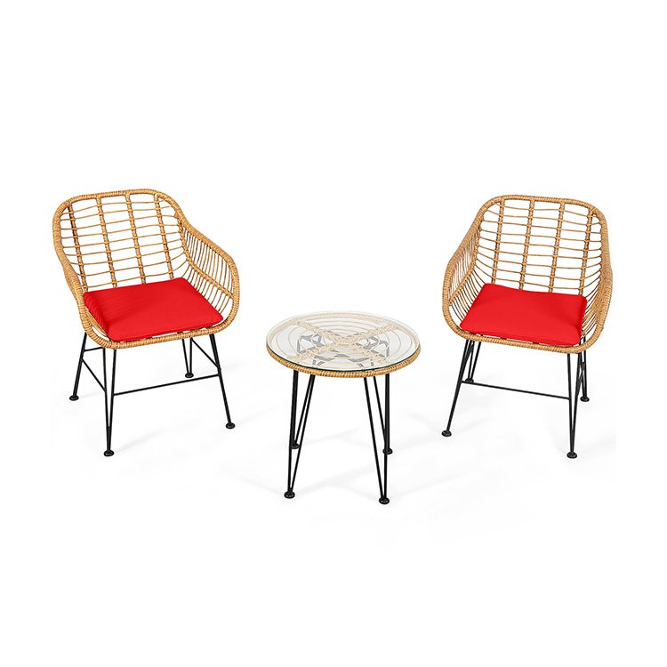 3 Piece Patio Rattan Bistro Set, 2 Open Weave Tub Chairs Rated 400 lb with Red Cushions and a 19.5 in Round Glass Table
