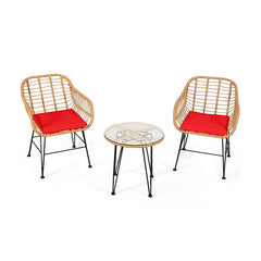 3 Piece Patio Rattan Bistro Set, 2 Open Weave Tub Chairs Rated 400 lb with Red Cushions and a 19.5 in Round Glass Table