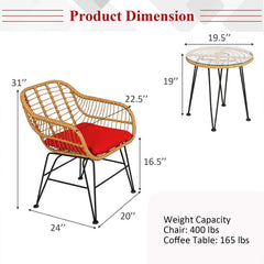 3 Piece Patio Rattan Bistro Set, 2 Open Weave Tub Chairs Rated 400 lb with Red Cushions and a 19.5 in Round Glass Table